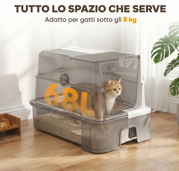 PawHut 3 in 1 Lettiera Gatto Chiusa 68L con Coperchio, Vassoio Estraibile in Acciaio Inox, Paletta, Grigio | Aosom Italy