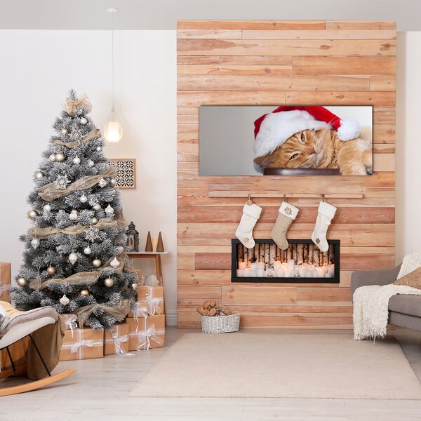 Quadro vetro Cappello di Babbo Natale gatto 100x50 cm 2 appendini