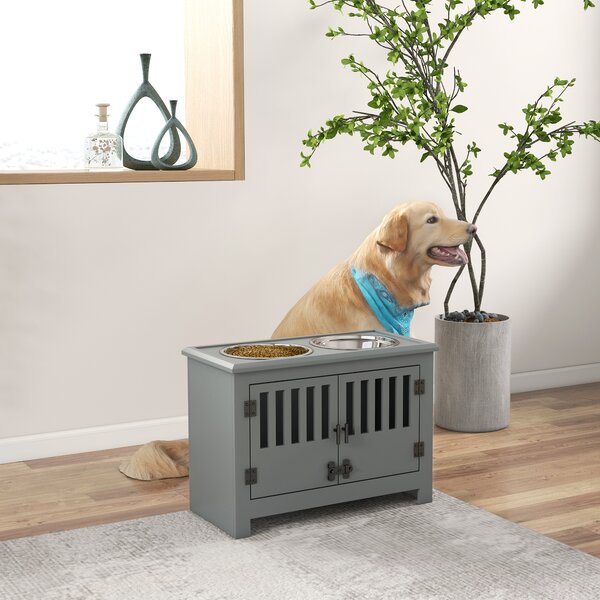 PawHut Stazione di Alimentazione Rialzata per Cani Grandi, 2 Ciotole in Acciaio Inossidabile, Spazio di Archiviazione, 35,5x60x30 cm, Grigio | Aosom Italy