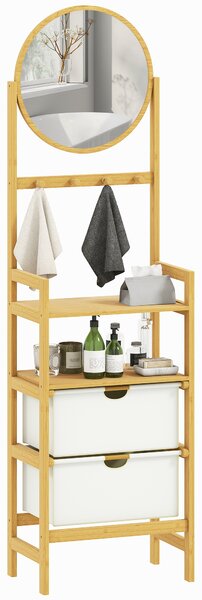 HOMCOM Mensola da Bagno in Bambù con Specchio con 4 Ganci 2 Ripiani Aperti e 2 Cassetti in Tessuto 48,5x30x170 cm Naturale | Aosom Italy