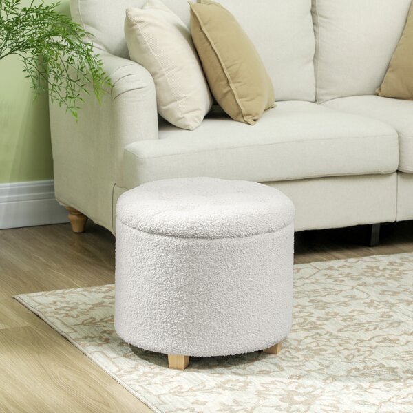 HOMCOM Pouf contenitore, sgabello rotondo, pouf poggiapiedi in tessuto bouclette, capacità 120 Kg, Ø 45 x 41 cm, bianco | Aosom Italy