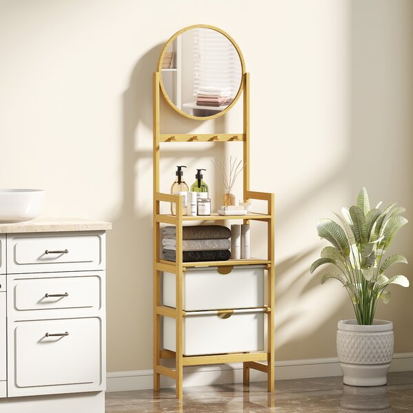 HOMCOM Mensola da Bagno in Bambù con Specchio con 4 Ganci 2 Ripiani Aperti e 2 Cassetti in Tessuto 48,5x30x170 cm Naturale | Aosom Italy