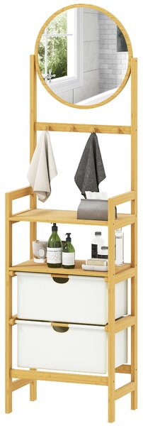 HOMCOM Mensola da Bagno in Bambù con Specchio con 4 Ganci 2 Ripiani Aperti e 2 Cassetti in Tessuto 48,5x30x170 cm Naturale | Aosom Italy