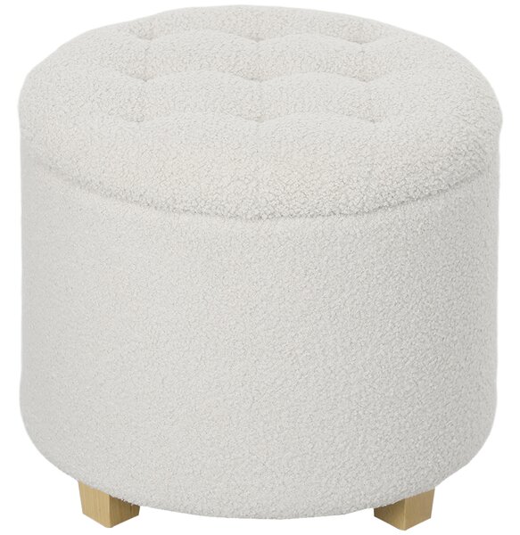 HOMCOM Pouf contenitore, sgabello rotondo, pouf poggiapiedi in tessuto bouclette, capacità 120 Kg, Ø 45 x 41 cm, bianco | Aosom Italy