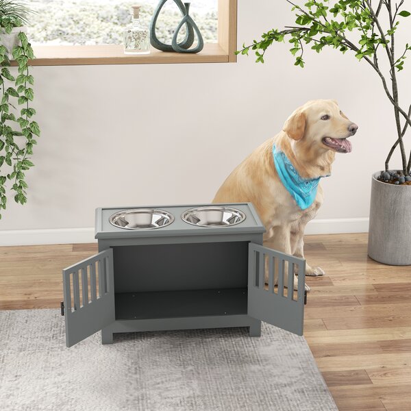 PawHut Stazione di Alimentazione Rialzata per Cani Grandi, 2 Ciotole in Acciaio Inossidabile, Spazio di Archiviazione, 35,5x60x30 cm, Grigio | Aosom Italy