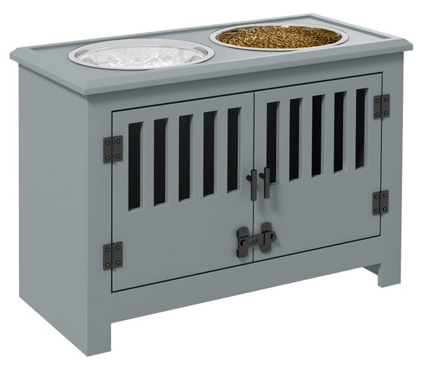 PawHut Stazione di Alimentazione Rialzata per Cani Grandi, 2 Ciotole in Acciaio Inossidabile, Spazio di Archiviazione, 35,5x60x30 cm, Grigio | Aosom Italy