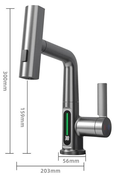Rubinetto da cucina a cascata – Miscelatore monocomando da parete – Doccetta estraibile – Display digitale della temperatura – Miscelatore per acqua calda e fredda – Ottone lucidato – Grigio