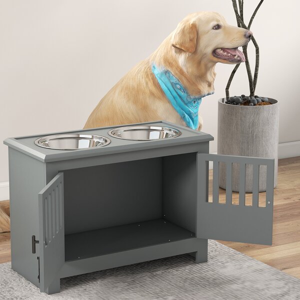 PawHut Stazione di Alimentazione Rialzata per Cani Grandi, 2 Ciotole in Acciaio Inossidabile, Spazio di Archiviazione, 35,5x60x30 cm, Grigio | Aosom Italy