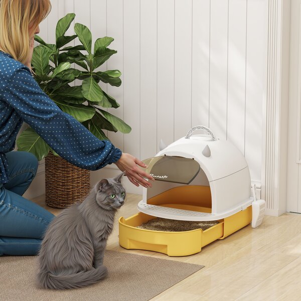 PawHut Lettiera per Gatti Chiusa con Vassoio Estraibile, Maniglia, Paletta e 2 Filtri al Carbone Attivo, Giallo | Aosom Italy