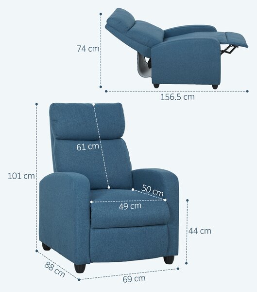 HOMCOM Poltrona Relax Reclinabile Manualmente con Poggiapiedi e Imbottita in Tessuto, Blu | Aosom Italy