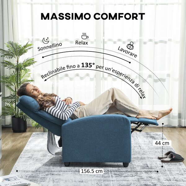 HOMCOM Poltrona Relax Reclinabile Manualmente con Poggiapiedi e Imbottita in Tessuto, Blu | Aosom Italy