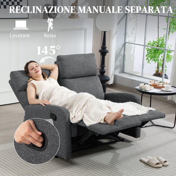 HOMCOM Divano 2 Posti Reclinabile a 145° max e Rivestito in Ciniglia Grigia, 124x91x100 cm | Aosom Italy