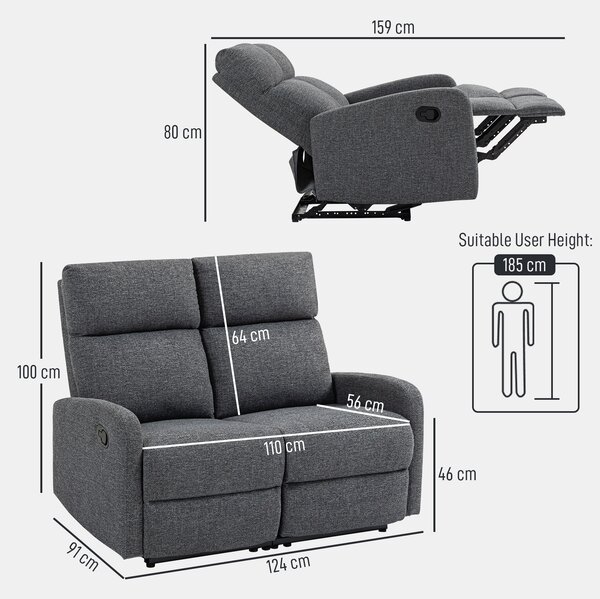 HOMCOM Divano 2 Posti Reclinabile a 145° max e Rivestito in Ciniglia Grigia, 124x91x100 cm | Aosom Italy