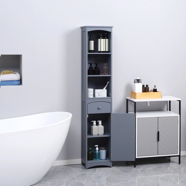 HOMCOM Armadio Alto da Bagno Stretto con 1 Cassetto e 3 Ripiani Aperti Stile Moderno 34x24x170 cm Grigio | Aosom Italy