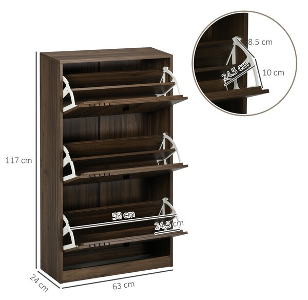 HOMCOM Scarpiera Ingresso a 3 Scomparti con Ripiani Interni Regolabili, in Legno, 63x24x114 cm, color Noce | Aosom