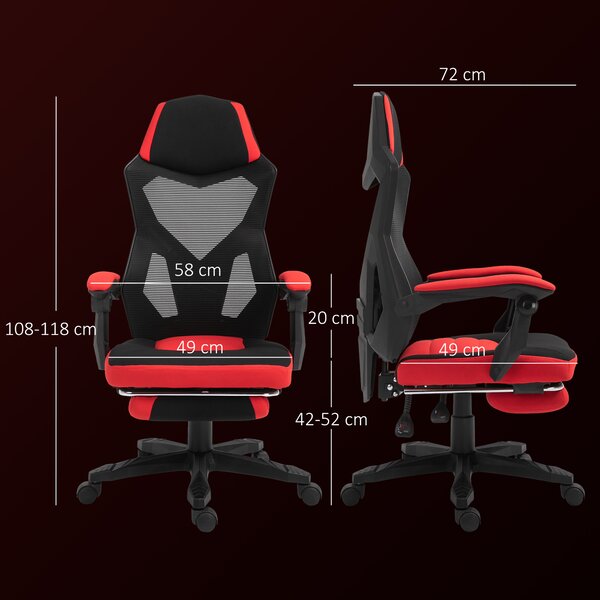 Vinsetto Sedia da Gaming schienale e altezza regolabile ruote girevoli poggiapiedi in tessuto a maglia - rosso nero