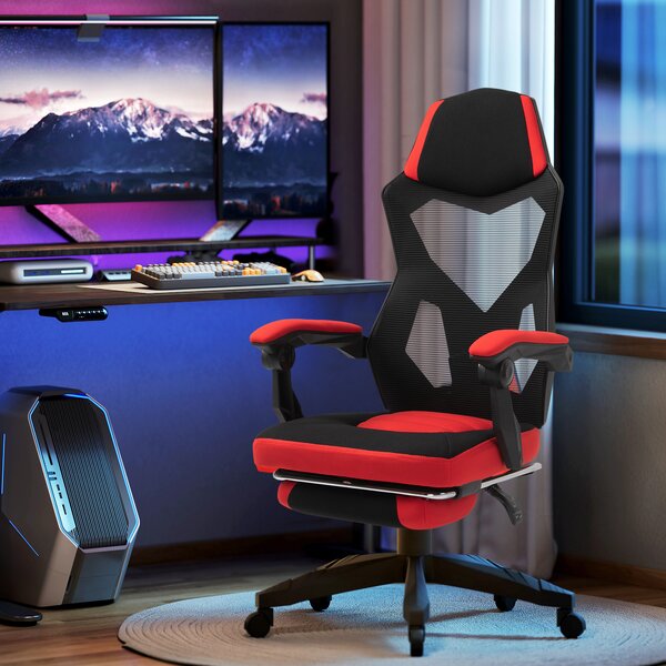 Vinsetto Sedia da Gaming schienale e altezza regolabile ruote girevoli poggiapiedi in tessuto a maglia - rosso nero