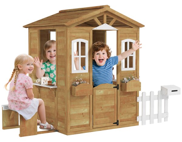 Outsunny Casetta per Bambini in Legno con Finestre, Staccionata e Panca, 205x119x140 cm, Legno Naturale