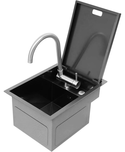 Lavello da cucina – Lavello da incasso, vasca singola – Acciaio inossidabile – Coperchio integrato – Miscelatore con acqua calda e fredda – Rubinetto girevole a 360° – Completo di miscelatore