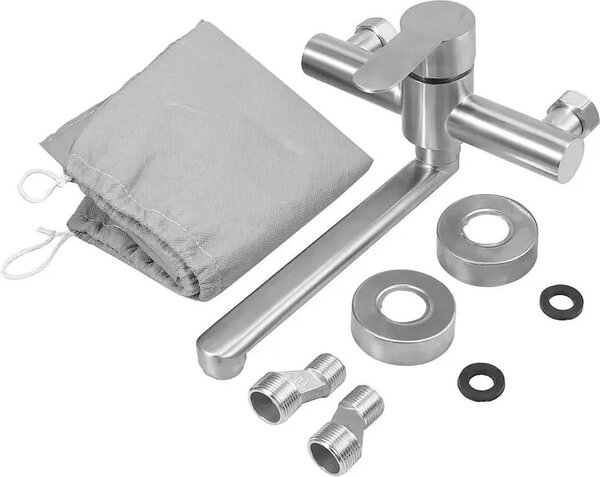 Miscelatore da cucina a parete - Miscelatore monocomando - Bocchetta girevole a 360° - Corpo in acciaio inossidabile corto - Colore argento