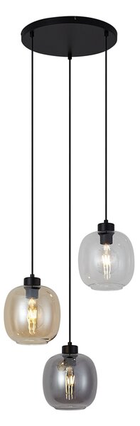Lampada a sospensione nera con vetro ambrato, fumé e trasparente a 3 luci - Elena