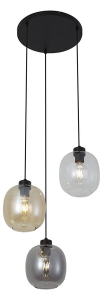 Lampada a sospensione nera con vetro ambrato, fumé e trasparente a 3 luci - Elena