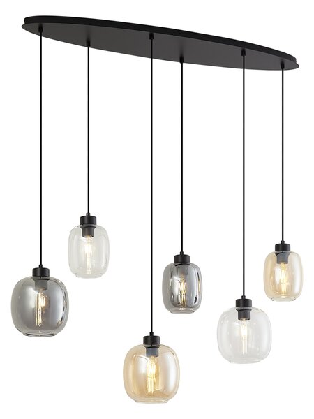 Lampada a sospensione nera con vetro ambrato, fumé e trasparente a 6 luci - Elena