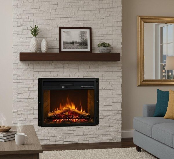 Dmora Camino Elettrico Gavardo 58x17x52h cm Nero, Superficie Riscaldabile 30 m2 Potenza (kw) 0.9/1.8