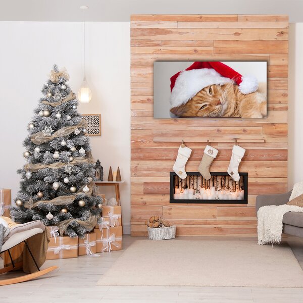 Quadro stampa su tela Cappello di Babbo Natale gatto 100x50 cm