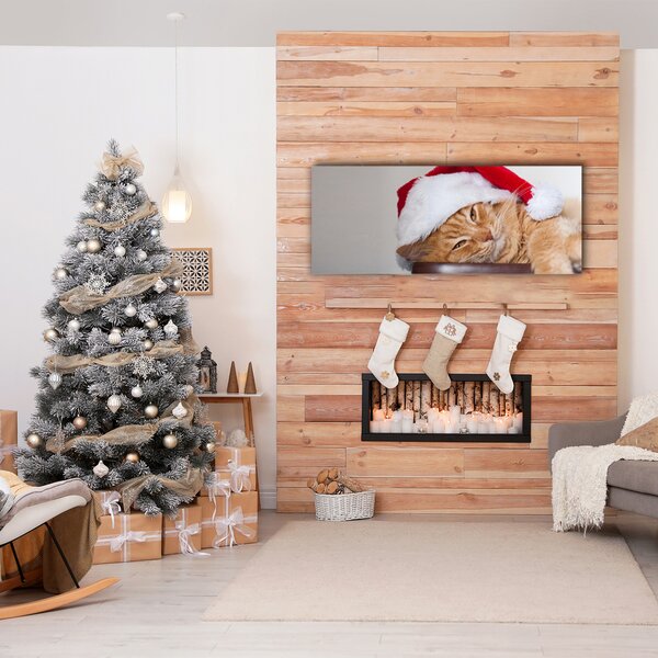Quadro stampa su tela Cappello di Babbo Natale gatto 100x50 cm