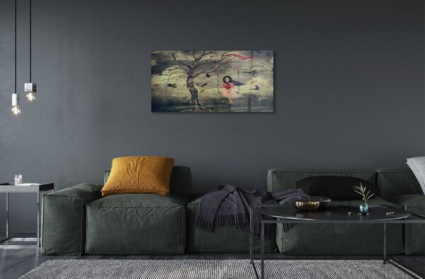 Quadro vetro Albero uccelli ragazza nuvole rocce 100x50 cm 2 appendini