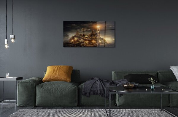 Quadro su vetro Nave nuvola faro 100x50 cm 2 appendini