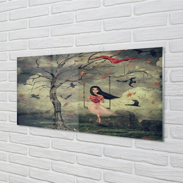 Quadro vetro Albero uccelli ragazza nuvole rocce 100x50 cm 2 appendini