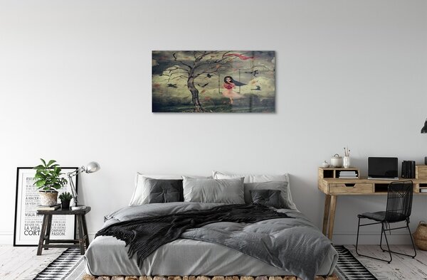 Quadro vetro Albero uccelli ragazza nuvole rocce 100x50 cm 2 appendini