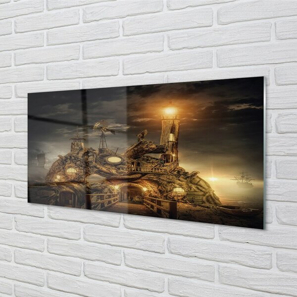 Quadro su vetro Nave nuvola faro 100x50 cm 2 appendini