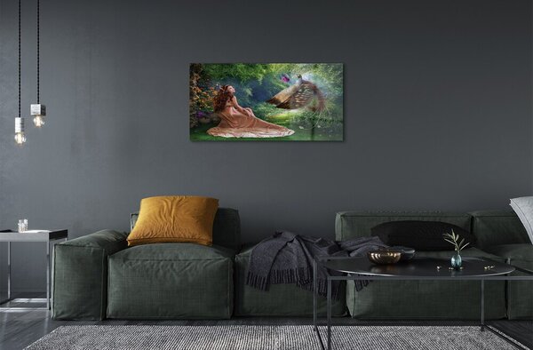 Quadro di vetro Fagiano donna foresta 100x50 cm 2 appendini