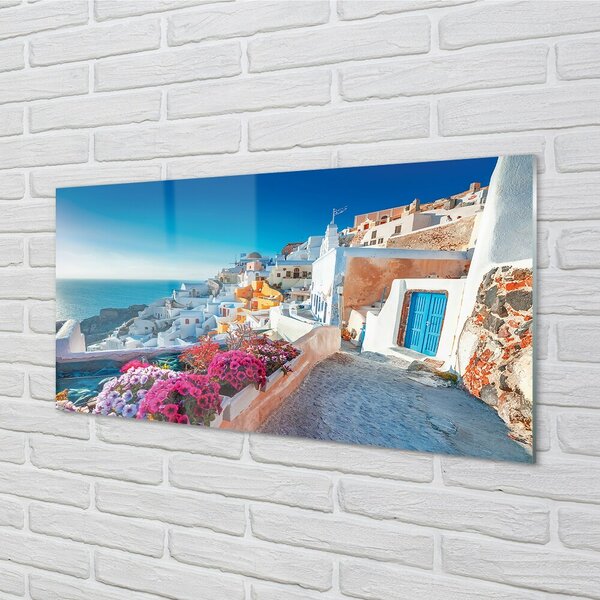 Quadro su vetro Grecia edifici fiori di mare 100x50 cm 2 appendini