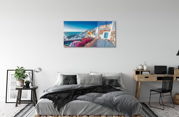Quadro su vetro Grecia edifici fiori di mare 100x50 cm 2 appendini