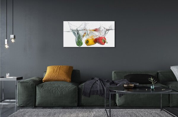 Quadro su vetro Peperoni colorati in acqua 100x50 cm 2 appendini