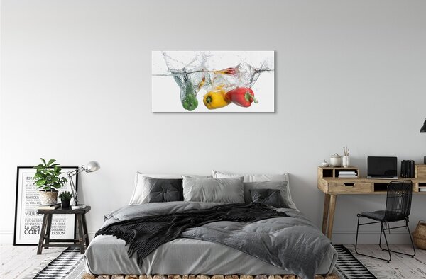 Quadro su vetro Peperoni colorati in acqua 100x50 cm 2 appendini
