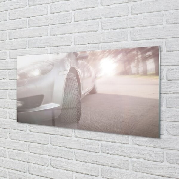 Quadro in vetro Via dell'albero dell'auto d'argento 100x50 cm 2 appendini