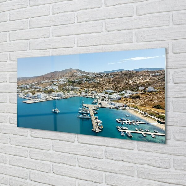 Quadro in vetro Grecia costa montagne città 100x50 cm 2 appendini