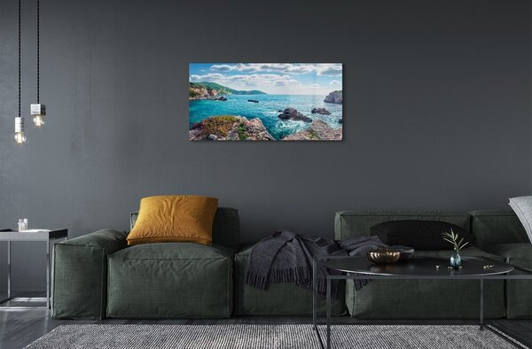 Quadro di vetro Grecia mare montagne 100x50 cm 2 appendini