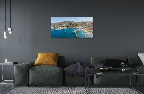 Quadro in vetro Grecia costa montagne città 100x50 cm 2 appendini