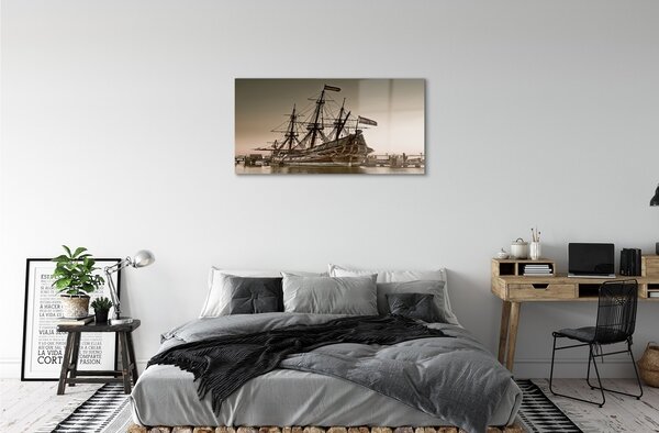 Quadro vetro Vecchia nave cielo mare 100x50 cm 2 appendini