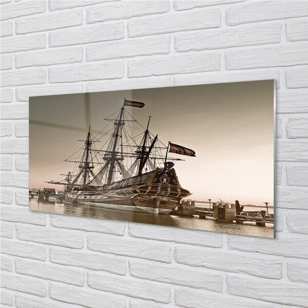 Quadro vetro Vecchia nave cielo mare 100x50 cm 2 appendini