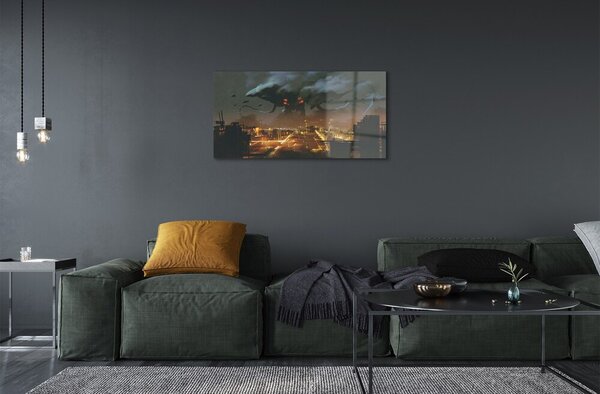 Quadro in vetro Città di notte mostro di fumo 100x50 cm 2 appendini