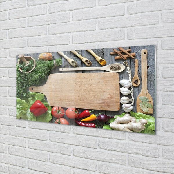 Quadro su vetro Tagliere di spezie al prezzemolo 100x50 cm 2 appendini