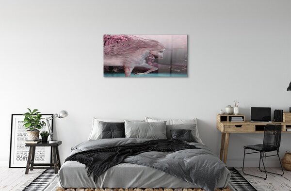 Quadro vetro Lago dell'albero dell'unicorno 100x50 cm 2 appendini