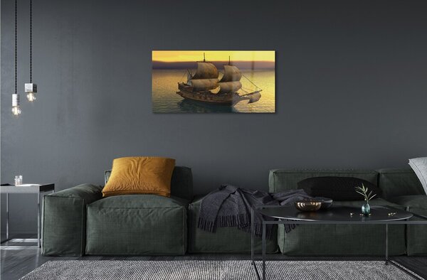 Quadro vetro Cielo giallo nave mare 100x50 cm 2 appendini